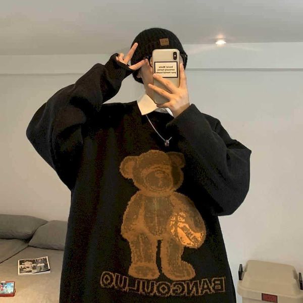 

japanese cute bear jacquard sweater men and women cartoon couple lazy style loose round neck youth 210526, White;black