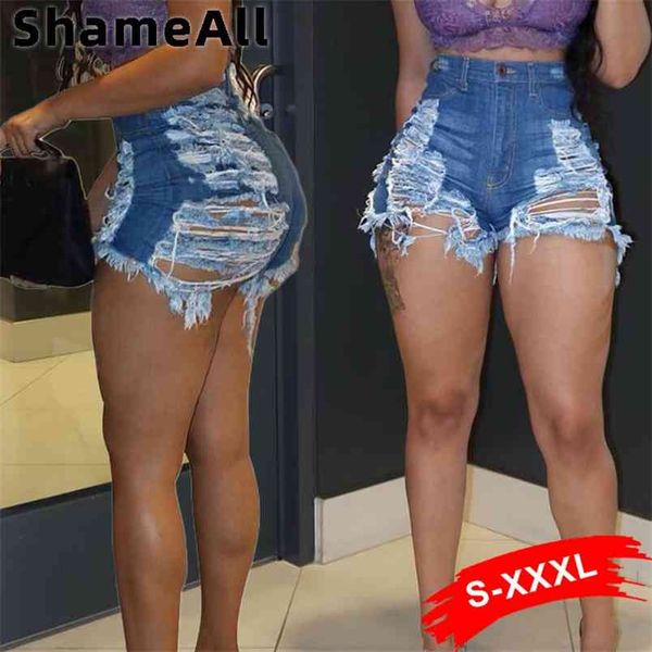

plus size ripped denim jeans stretch skinny shorts 3xl high waisted boyfriend street torn jegging baggy hole jean 210708, Blue