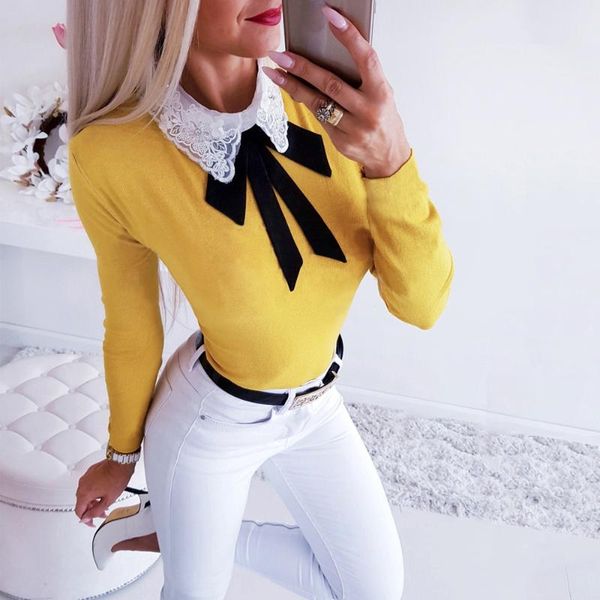 

women's sweaters fall 2021 elegant sweater with lapel bow office slim yellow white blue pullover, White;black