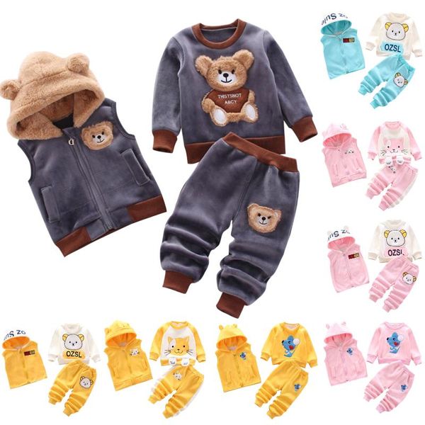 

clothing sets autumn and winter children's boy's girl's plush thickened cartoon bear three piece suit, White