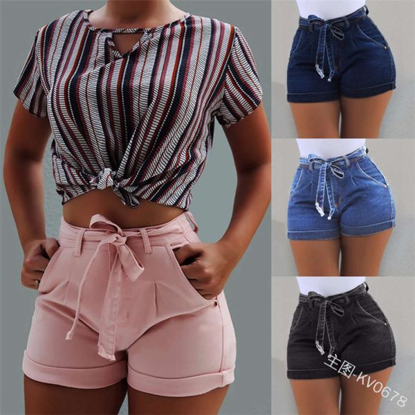 

shorts fashion pleated tight lace up flannel denim shorts, Blue