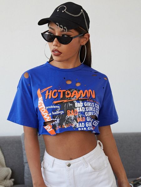 

slogan graphic ripped detail super crop 276r#, White