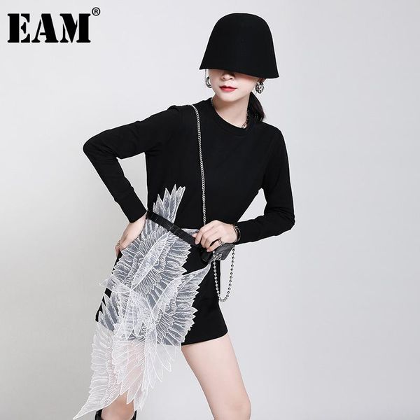 

casual dresses [eam] women irregular mesh embroidery big size dress turtleneck long sleeve loose fit fashion spring autumn 2021 1db6590, Black;gray