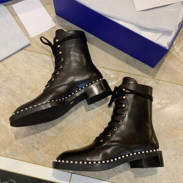 

boots women ankle genuine leather motorcycle pearl decoration round toe lace up winter fashion designer1, Black