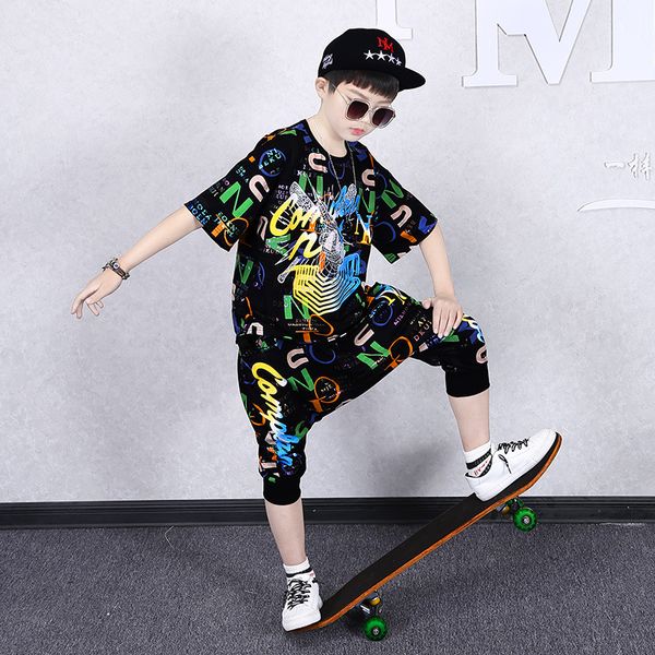 

2021 Kids Boys Clothes Boy Summer Clothing Sets Short Sleeves Tops Shirt+ Pant Suits Children Hip-hop Clothing 4 -12Y MD21A019, Letter