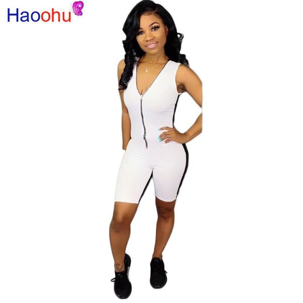 

2021 new women zipper up v-neck sleeveless knee length bodycon skinny playsuit night club jumpsuit romper, Black;white