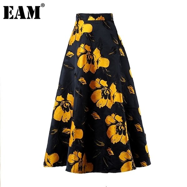 

[eam] high waist black flower jacquard temperament long half-body skirt women fashion tide new spring autumn 1dd3182 210315