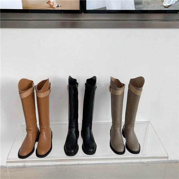 

boots monmoira mixed colors belt decorated long knee riding women 2021 ssymmetry side thigh platform motorcycle shoes, Black