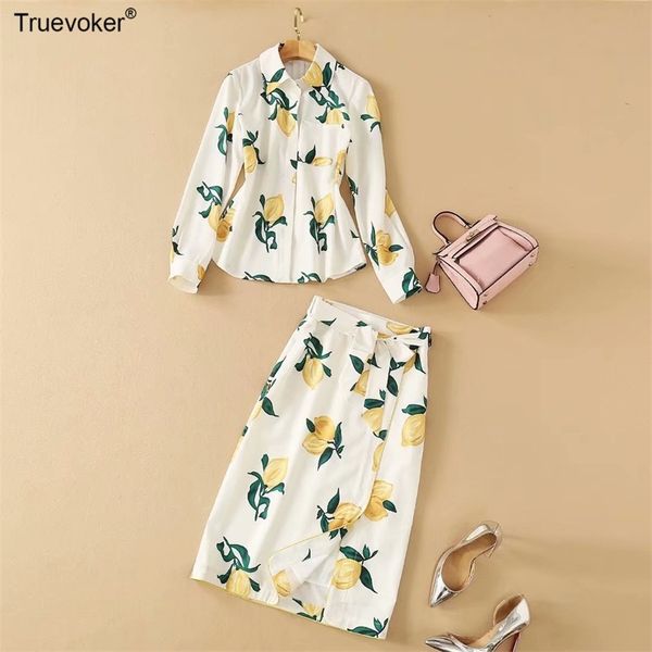 

truevoker spring runway fashion et women's full sleeve lemon fruit print with pencil skirt two piece set suit 210602, White