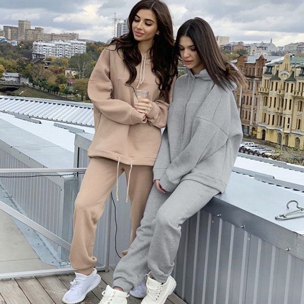 

2021 autumn leisure hoodies set in solid color elastic waistband long outfits pdxo, Gray