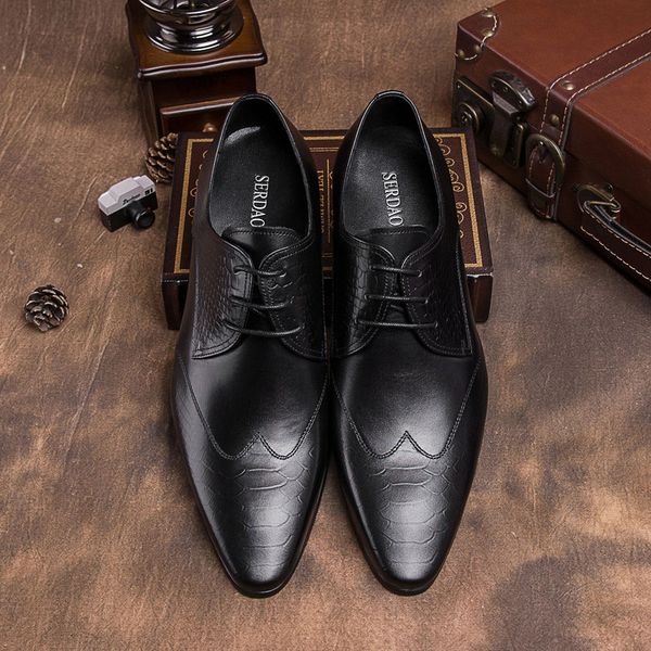 

men genuine leather business dress shoes banquet suit shoes men brand alligator pattern brogue wedding oxford shoes for men g13, Black
