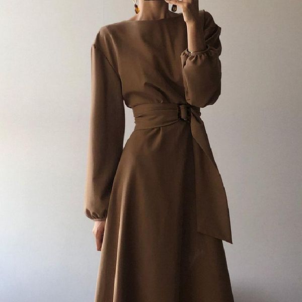 

goohojio 2021 new temperament retro vintage women dress o-neck solid color long dress women long sleeve fashion dresses ladies, Black;gray