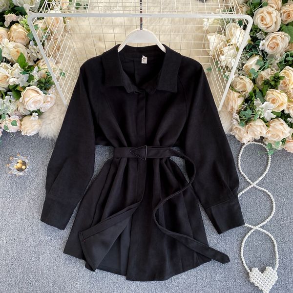 

women 2021 new autumn winter retro long-sleeved with belt female shirt skyv, White