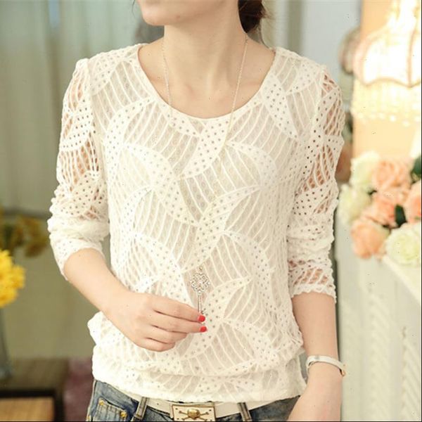 

white blouse women 2021 spring summer lace blouse shirt hollow out long sleeve o neck casual camisa blanca mujer print