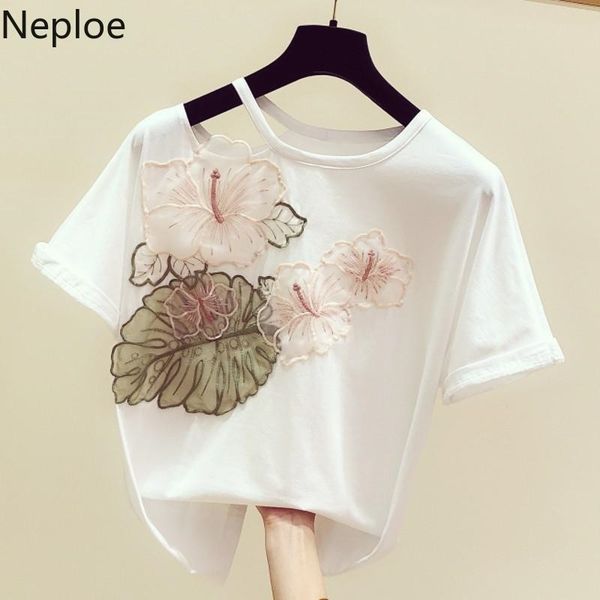 Neploe Kore Mesh 3D Çiçek Kadın T-Shirt Straplez Kısa Kollu O-Boyun Kore T Gömlek 2021 Yaz Nedensel Üst Tee Femme 4A427 210311