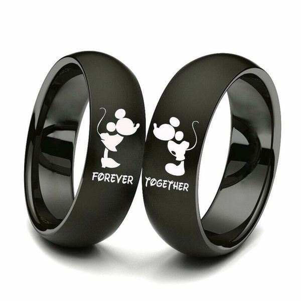 

6mm black stainless steel band mouse forever couple rings lover's gifts size 6-13, Silver