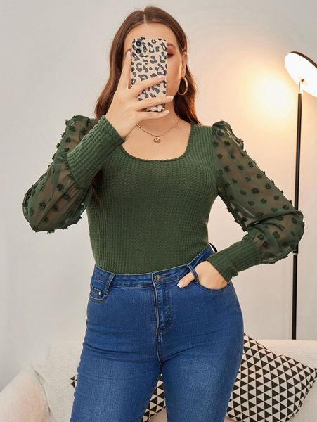 

plus contrast swiss dot mesh bishop sleeve tee k53p#, Black