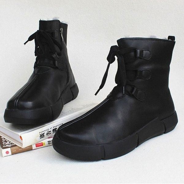

womens boots winter snowshoes 100% genuine leather fleece woman ankle boots lace up platform non slip female footwear 983z#, Black