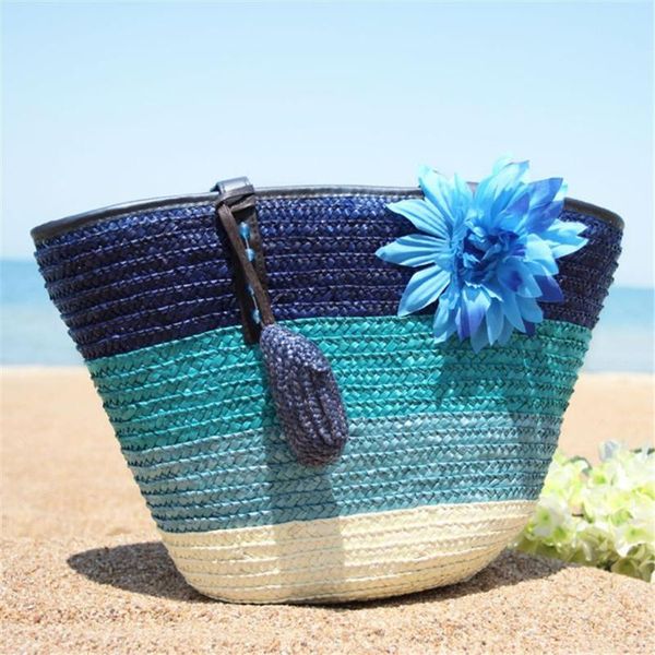 

outdoor bags beach straw woven knitted bag storage handbag colorful striped beachtote picnic