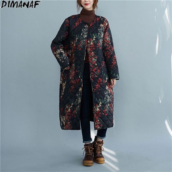 

plus size women wadded jacket floral print indie folk coats parka long cotton-padded vintage female casual cardigan 210531, Black;brown