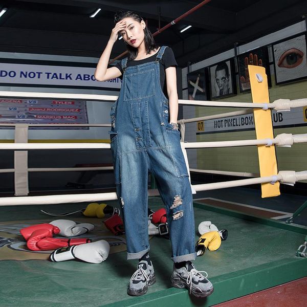 

women's jumpsuits & rompers 2021 summer clothes for women pattern holes denim jumpsuit loose personality tide sleeveless casual trouser, Black;white