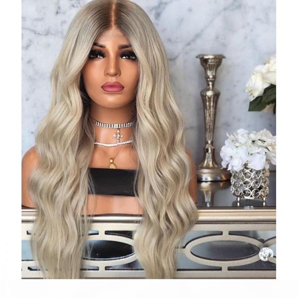 

middle part brazilian hair ombre wavy blonde lace front wig cosplay party style synthetic hair wigs heat resistant preplucked for women, Black