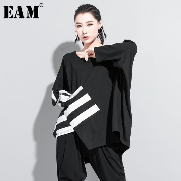 

[eam] women black striped split joint big size t-shirt new round neck long sleeve fashion tide spring autumn 2021 1z205 210315, White