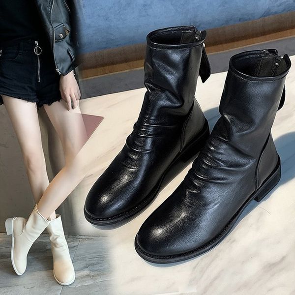 

short boots women's sho versatile net red the same middle tube fold inverted leather martin elastic, Black