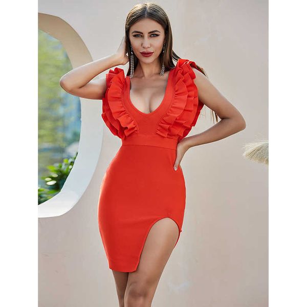 

women v neck mini ruffles red bandage dress summer split chic tank evening celebrity party vestido 210527, Black;gray
