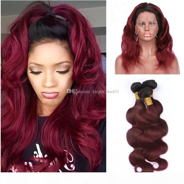 

burgundy ombre full lace frontal 360 band lace closure with body wave #1b 99j wine red ombre human hair weave bundles 4pcs lot, Black;brown