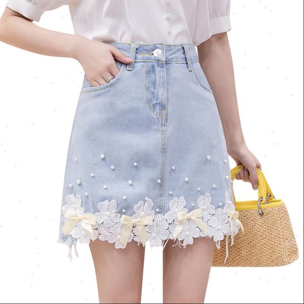 

fashion lace flower denim skirt summer pearl high waist ladies jean mini skirt causal korean slim girls short faldas 2021, Black