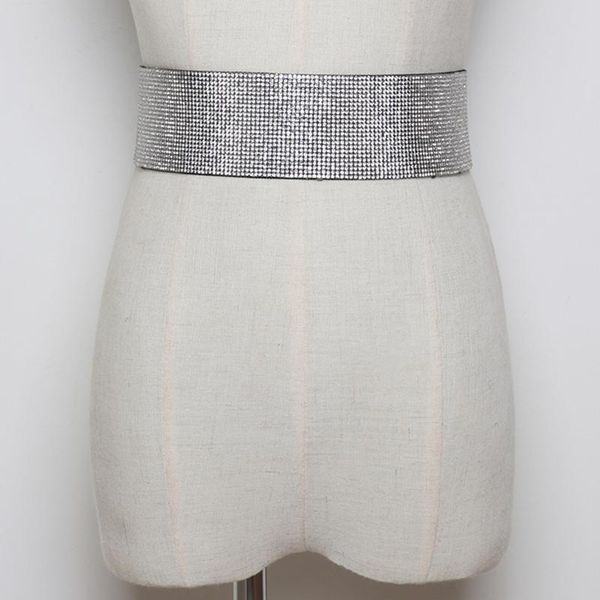 

belts 2021 women fashion shiny belt waist chain rhinestones crystal waistband metal button elastic band luxury wide party, Black;brown