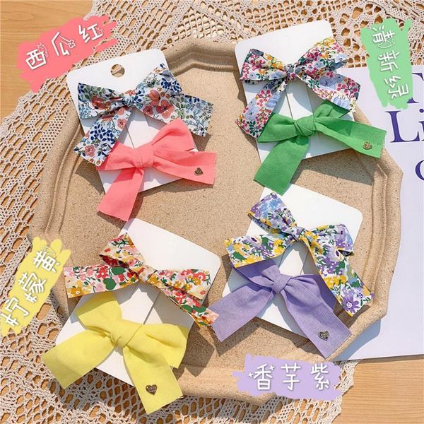 

1 pair new korea vintage simple floral fabric bow duckbill clip fashion sweet girl children colorful hairpins hair accessories, Slivery;white