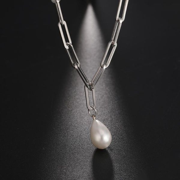 

pendant necklaces lucktune teardrop pearl necklace for women hip hop stainless steel chain metal collar choker gift her, Silver