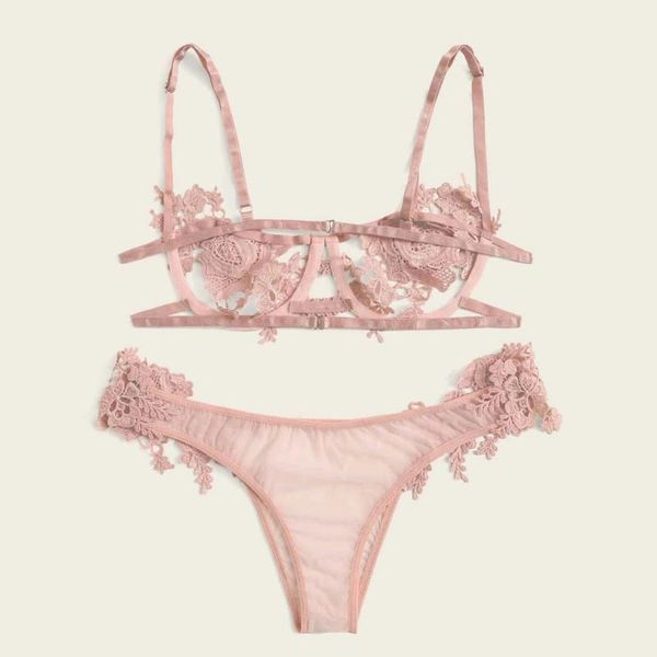 

yoga outfit embroidery lingerie women thin transparent lace push up bra set rose underwear with steel ring g-string thong conjunto#30