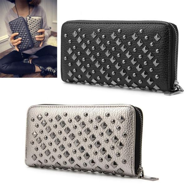 

women punk rivet leather bifold wallet card phone holders zip purse long handbag, Red;black
