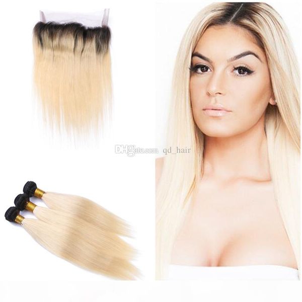 

360 lace band frontal with dark root hair bundles straight virgin human hair bundlles #1b 613 with 360 full lace frontal 13x4x2, Black