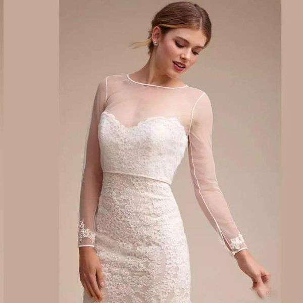 

wraps & jackets scoop neck long sleeve wedding bolero appliques custom made sheer coat buttons back bridal jacket, White