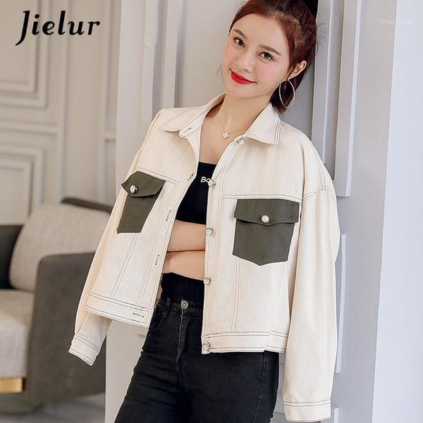 

women's jackets autumn jeans jacket women pockets slim kpop spliced winter coat 2021 chic all-match preppy beige denim s-xl, Black;brown