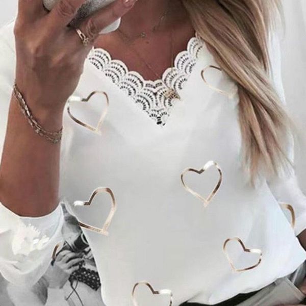 

women's t-shirt women t-shirts spring love printed v-neck lace patchwork tee shirt fashion plus size long sleeve casual office, White