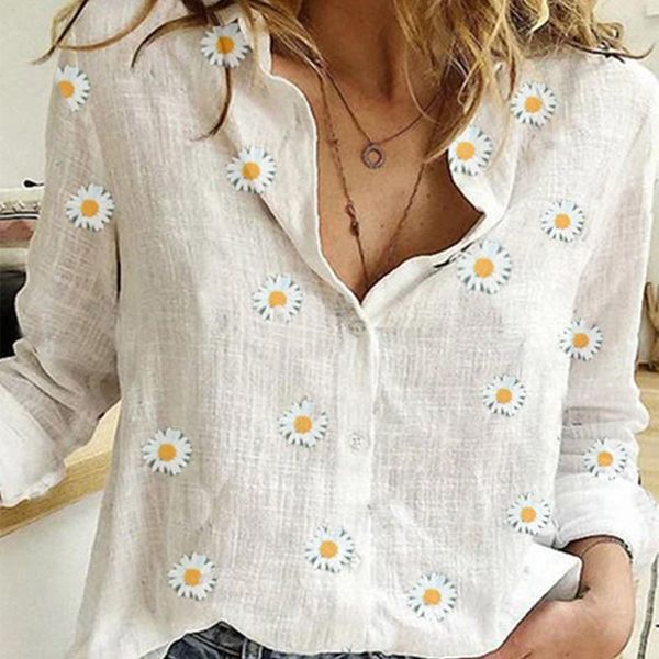 

women cutton small daisies shirts long sleeve print white shirt button v neck loose 2021 summer autumn oversized shirt