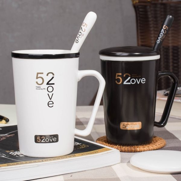 

520 lovers water cup creative Mug Set Ceramic Gift Cup, Matte black gold corner cup + lid +