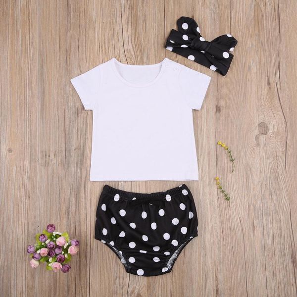 

clothing sets 3pcs baby girls outfit summer sweet style solid color round collar short sleeve t-shirt + plaid/dot shorts headwear, White