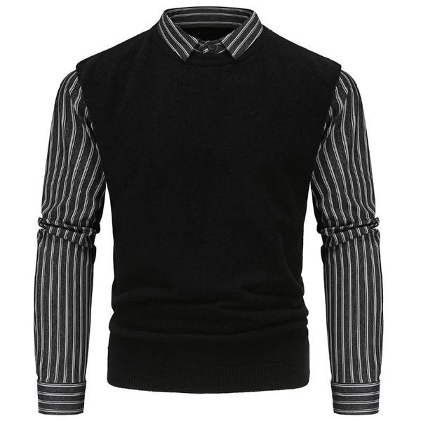 

men's sweaters ym611 2021 fall slim fake two-piece pullovers british shirt collar striped sleeve knit sweater, White;black