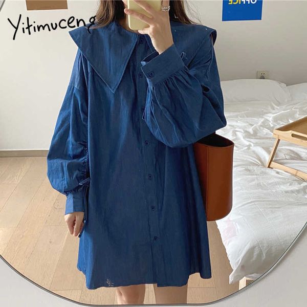 Yitimuceng Denim Vestidos Para Mulheres Oversize Botões Coreano Moda Shirring Mini Vestido Longa Manga Azul Sundress Spring 210601