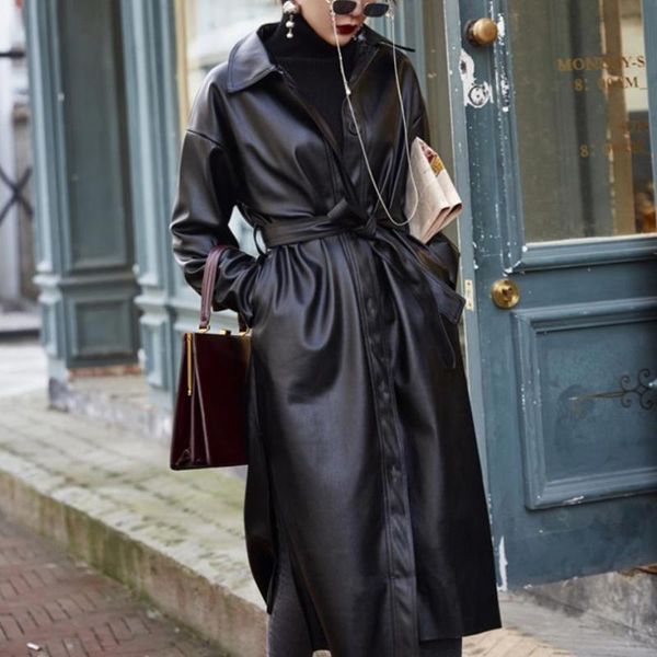 

women's leather & faux pu jacket female street style long outwear coat, Black