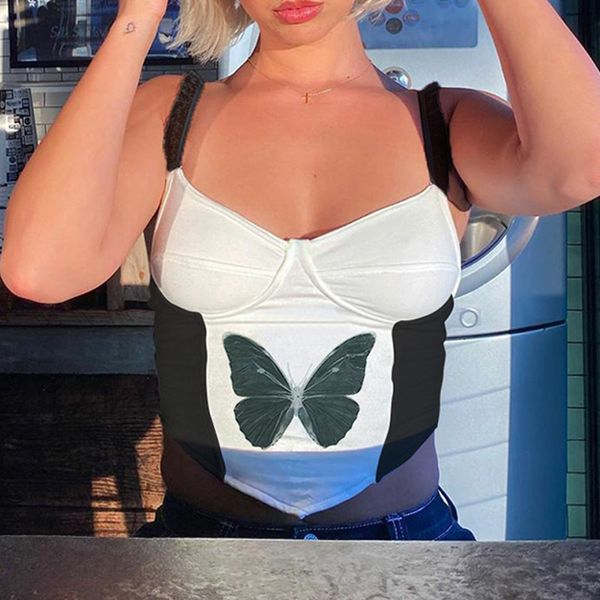 

2021 new arrivals summer fashion spaghetti strap strapless print butterfly patchwork high street women camis, White