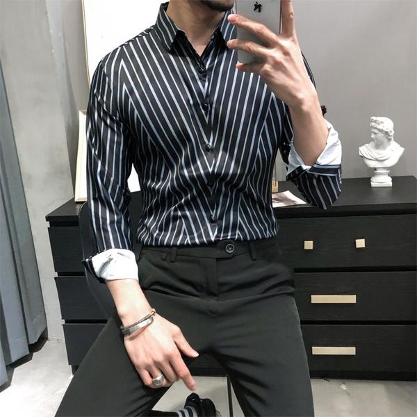 

men's casual shirts british style business work shirt men fashion 2021 long sleeve irregular striped slim fit digital print prom tuxedo, White;black