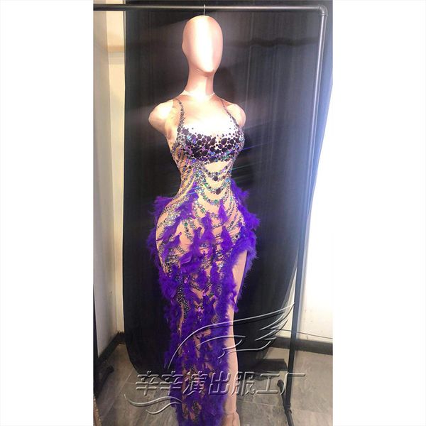 

sparkly crystal purple feather dress birthday outfit women new spandex singer dancer stage dress drag queen costume vdb3332, Black;red