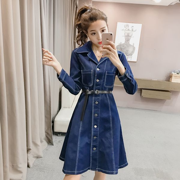 

female 2021 spring and lean in long sleeve slimming lapel big swing waist denim dress ms elegant autumn damc, Black;gray